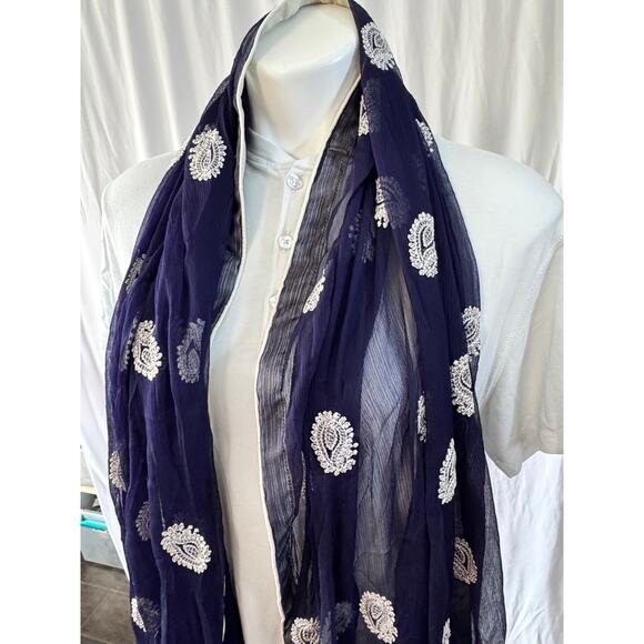 Navy Blue Sheer Embroidered Scarf – 39 x 88 Inches – Paisley Motif - Picture 2 of 7